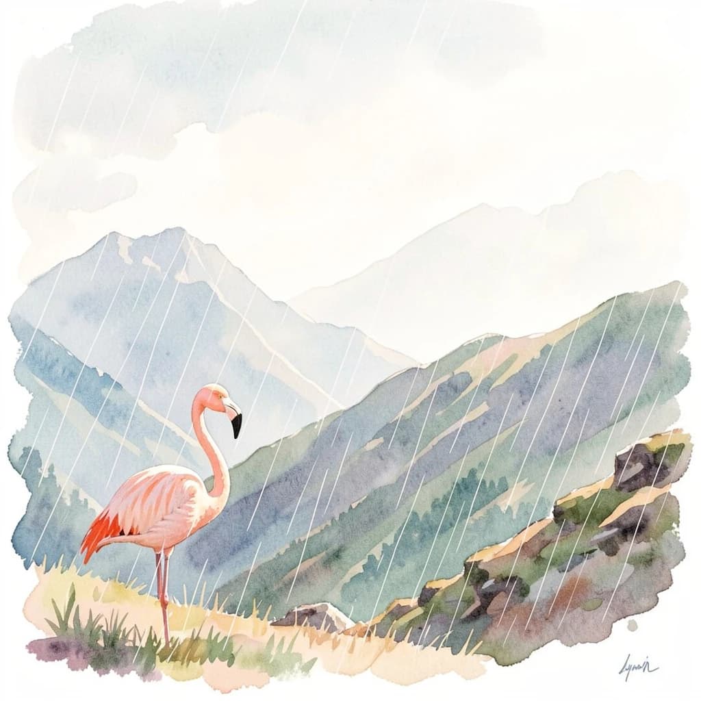 flamingo, mountain ridge, light rain, off-center framing with negative space, watercolor, soft edges