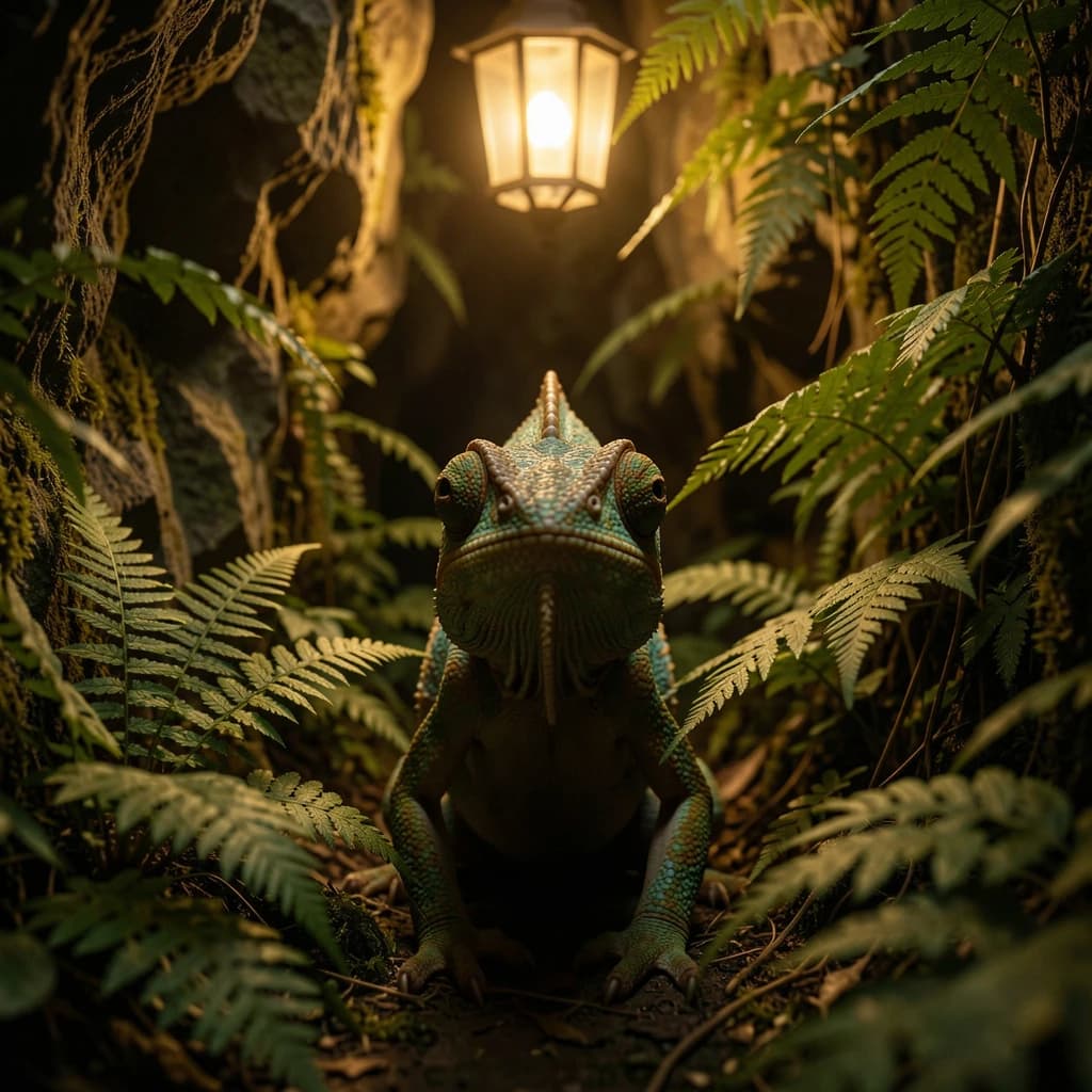 A chameleon half in shadow in a fern-filled ravine, under warm lamplight, symmetrical head-on framing, soft-focus portrait photography style.