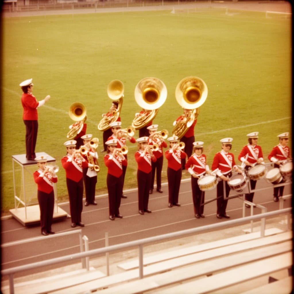 Nineteen seventies Kodachrome-era colour film look, faded warm grain and slight overexposure: a high school marching band seen from a stadium walkway. Front rank of five trumpet players in red and white uniforms, all with horns raised. Behind them three sousaphones in a triangle, the middle player caught mid turn. A line of four drummers to the right, the snare drummer nearest the camera mid stroke. A single drum major stands on a podium at the far left with his back to us, arms up. Empty green field behind them.