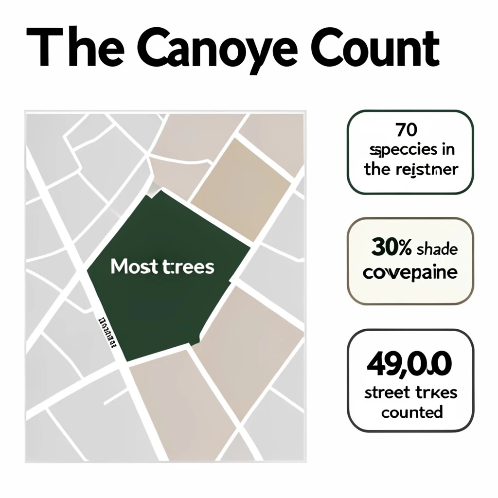 Flat infographic titled "The Canopy Count": at the center a simplified street map with shaded districts, carrying two keyed regions, "Most trees" shaded dark green and "Fewest trees" shaded tan, beside a right column of three stat chips reading "70 species in the register", "30% shade coverage" and "49,000 street trees counted".