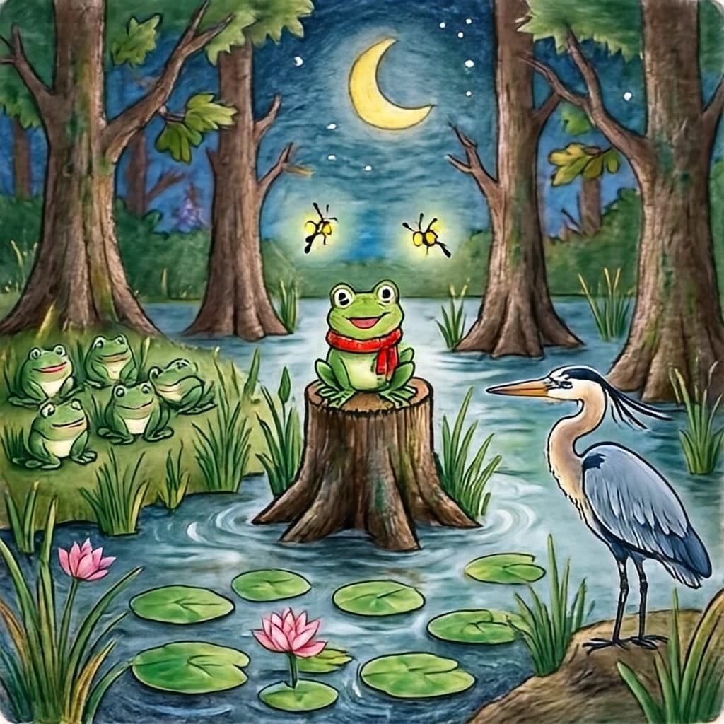 Story card in soft children's book illustration with crayon texture. A moonlit swamp with three cypress stumps in a row across the water. A small green frog in a red scarf sits on the middle stump. Two fireflies circle above his head while four more sit sleeping on the reeds to the left. A heron stands knee deep at the right edge, looking away from the frog. Nine lily pads float across the foreground, only one of them carrying a flower.