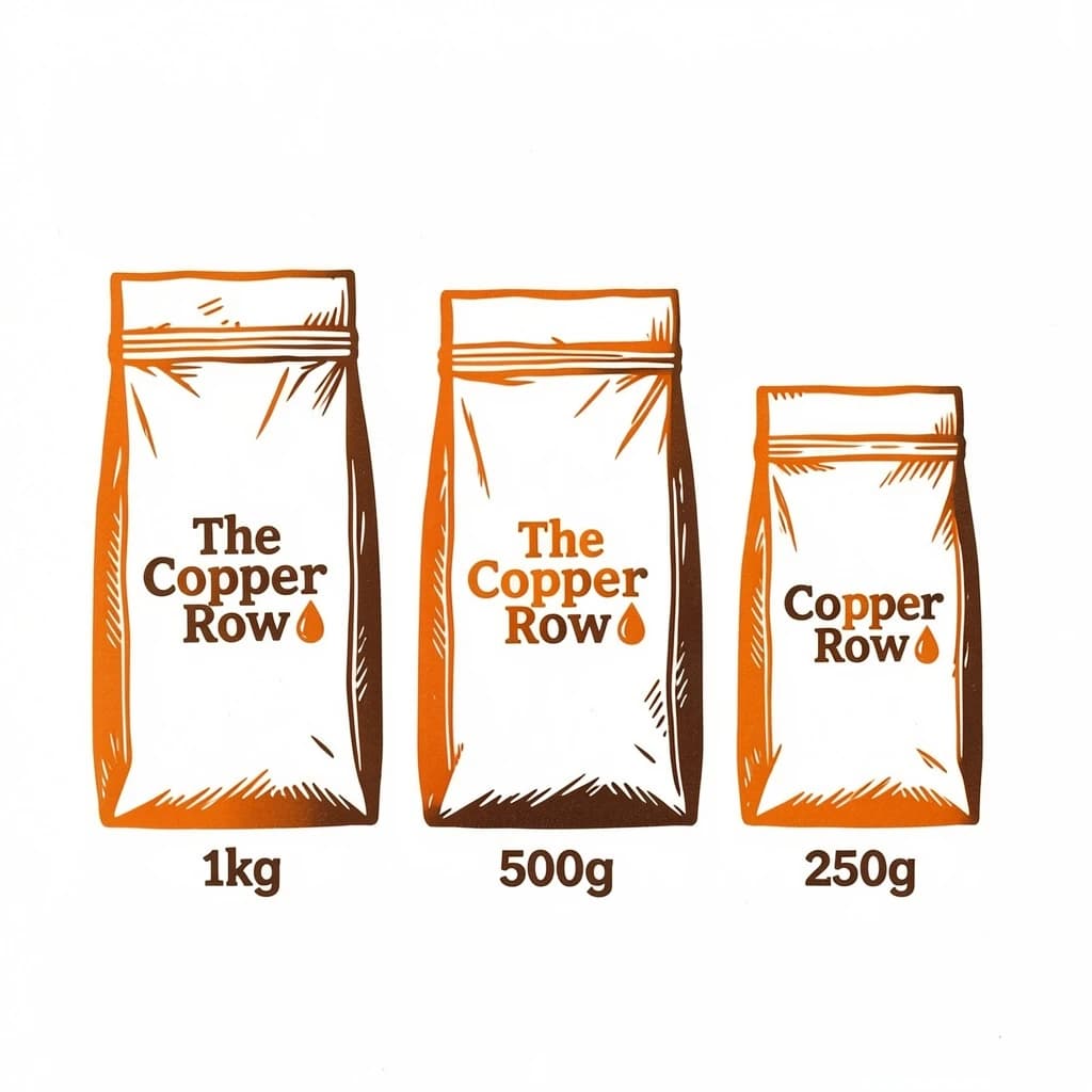 Linocut print: one coffee bag in three sizes. The sizes are captioned "1kg", "500g" and "250g" in that order. The wordmark "The Copper Row" appears on every size with a single droplet symbol beside it. The orange-and-brown coloring is the same across every size, and only the bag size changes.