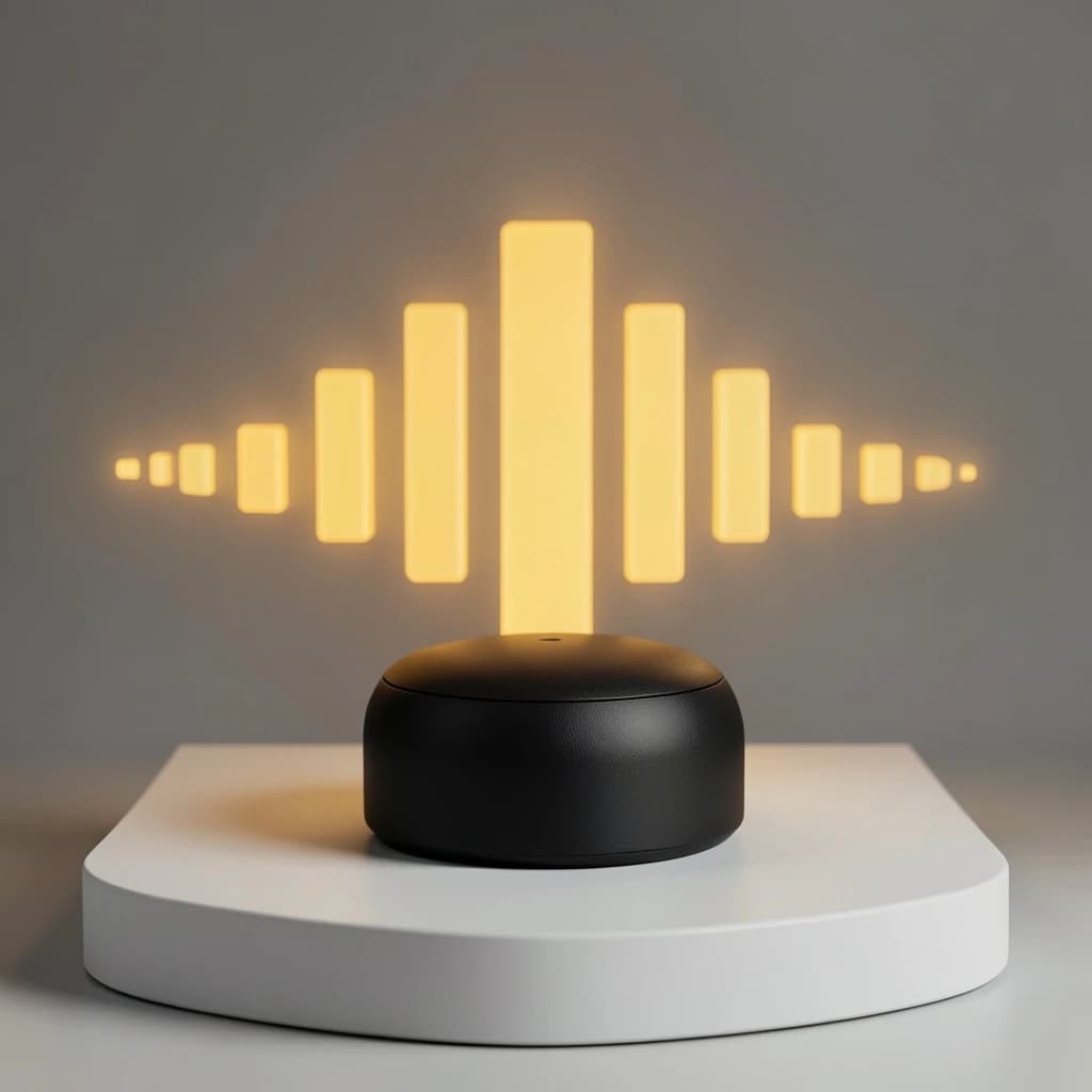 Cinematic 3D render of a matte black speaker puck on a white plinth, with a sound waveform behind it built from fourteen glowing amber bars in a gentle curve, the three tallest centred directly behind the puck and the bars shortening evenly toward both ends.