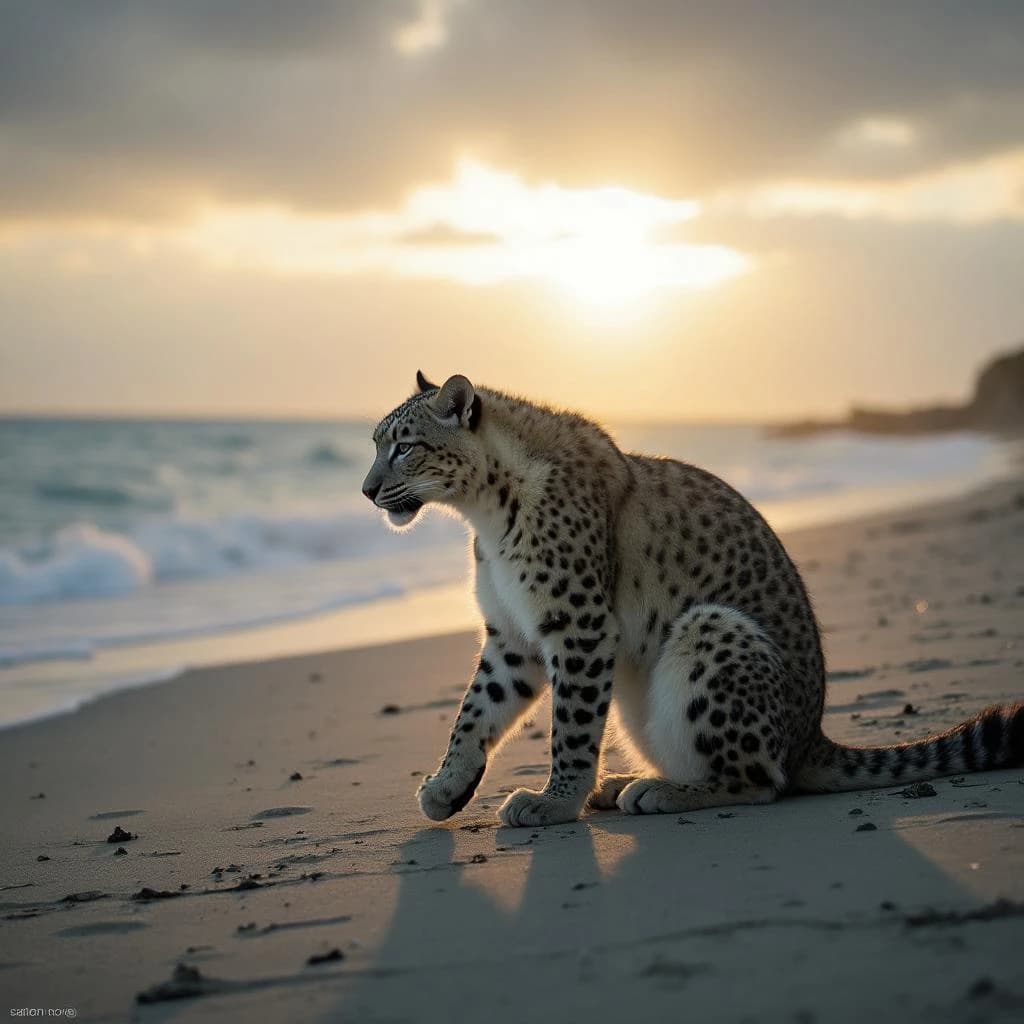 The pause when a snow leopard meets a low band of sun, on a windswept beach, under an overcast sky.