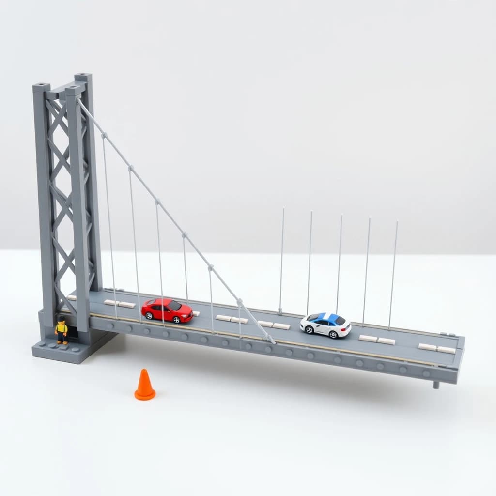 Product photograph of a plastic brick model of a suspension bridge on a white table, shot from a low three-quarter angle. Two grey towers, each with three cross braces between its legs, carry cables that sweep down to the deck with eight vertical hangers per span. The deck is two lanes wide with four small cars on it: two red in the near lane, one blue and one white in the far lane. A single figure in a yellow vest stands at the left tower base beside two orange cones. Soft even light, crisp stud edges, no printed logos anywhere.