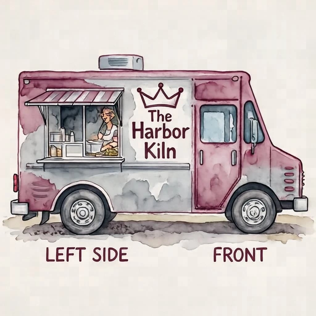 Watercolor of the same food truck drawn in two sides, captioned "left side" and "front", every side carrying the wordmark "The Harbor Kiln" with a simple crown outline beside it in the same maroon-and-gray coloring, only the side changing.