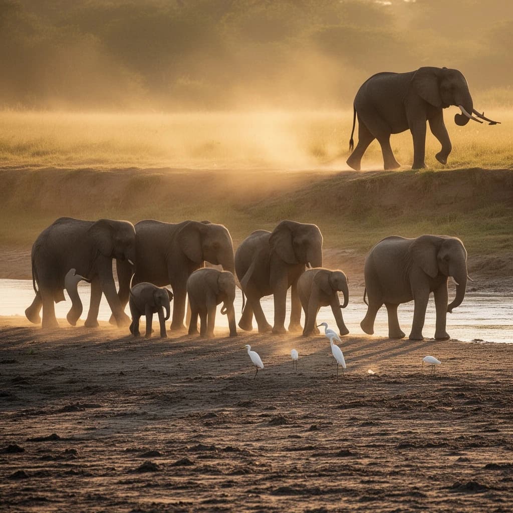 Wildlife photograph for a conservation campaign: a herd crossing a dusty riverbed in low sun. Seven elephants walking left to right, three adults flanking on the outside and two calves tucked between them, one adult trailing at the rear with a broken tusk, and the lead matriarch already up the far bank. Four egrets on the ground, only two of them near the calves. Long shadows, dust haze, nothing written in frame.