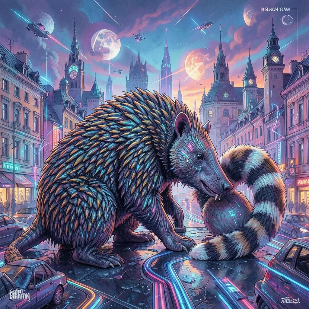 Scaly Anteater and Ringtail in Bucharest, Romania in the style of futurism