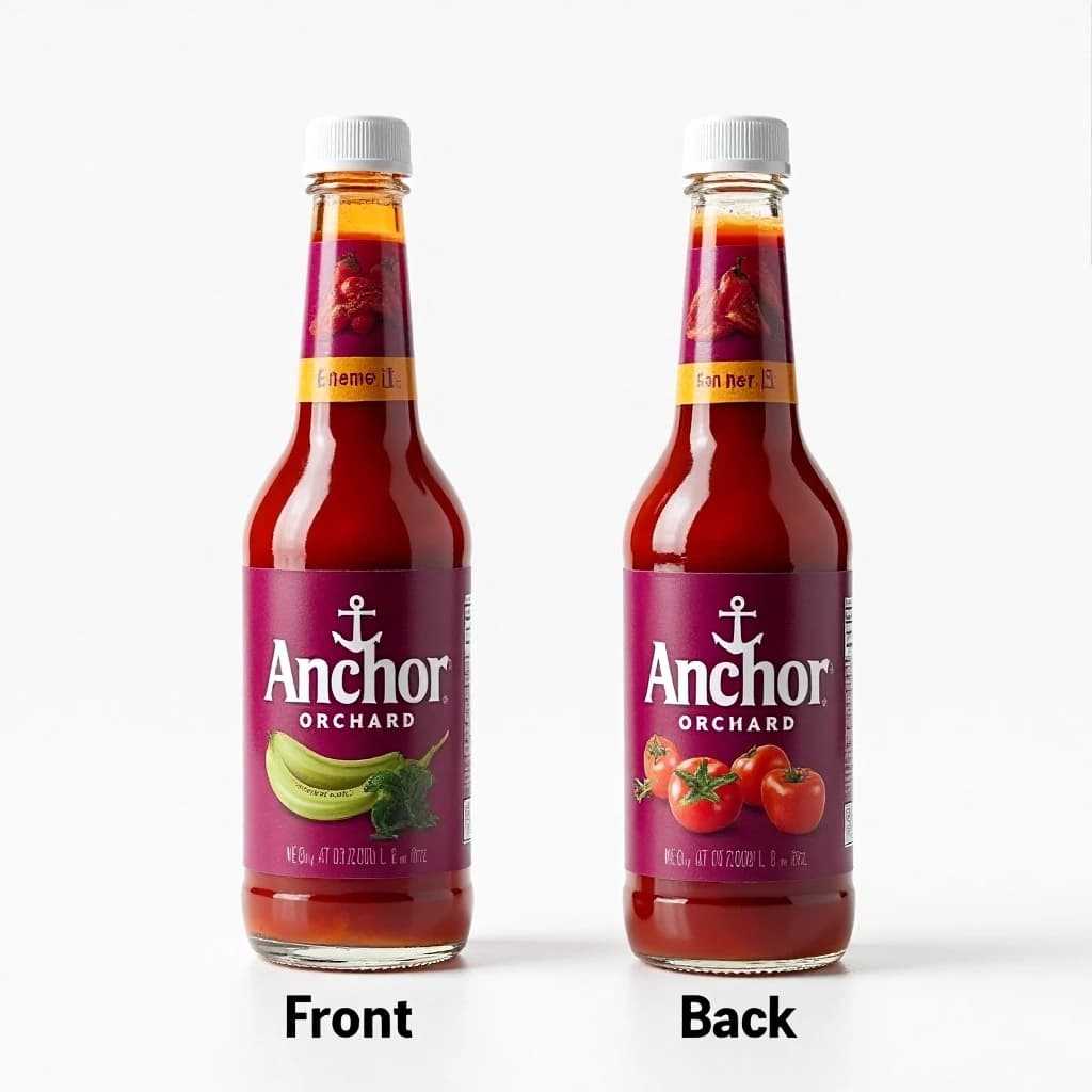 Printed poster: one hot-sauce bottle in two views. The views are captioned "front" and "back" in that order. The wordmark "Anchor Orchard" appears on every view. The purple-and-white coloring is the same across every view, and only the angle changes.
