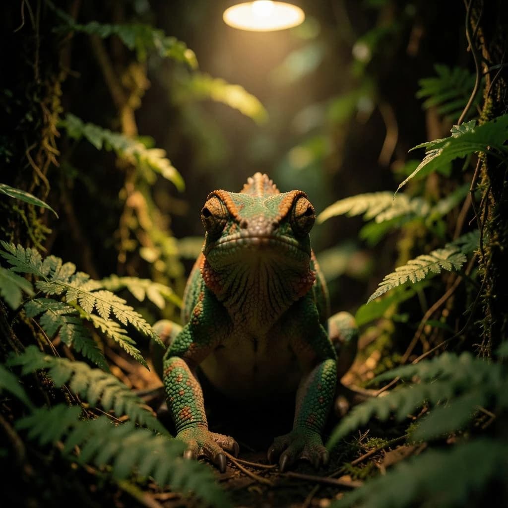 A chameleon half in shadow in a fern-filled ravine, under warm lamplight, symmetrical head-on framing, soft-focus portrait photography style.