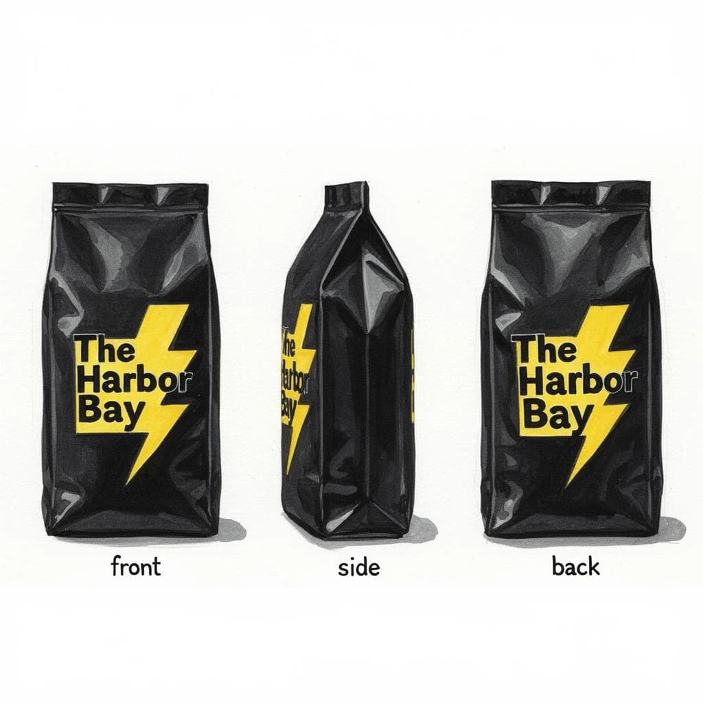 Gouache painting of the same coffee bag drawn in three views, captioned "front", "side" and "back", every view carrying the wordmark "The Harbor Bay" with a lightning-bolt symbol beside it in the same black-and-yellow coloring, only the angle changing.