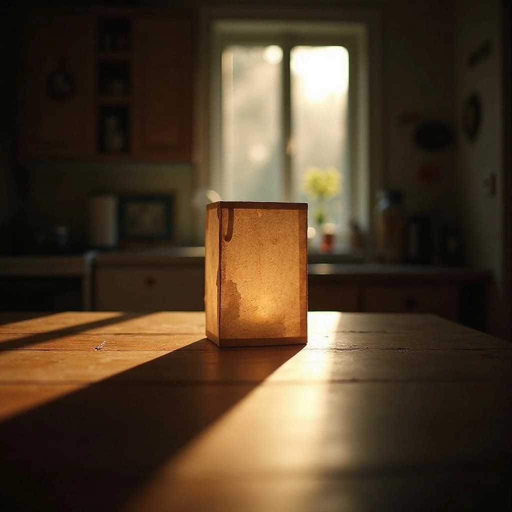 The still point when a paper lantern reads as a single dark silhouette, in a sunlit kitchen, under soft morning light.