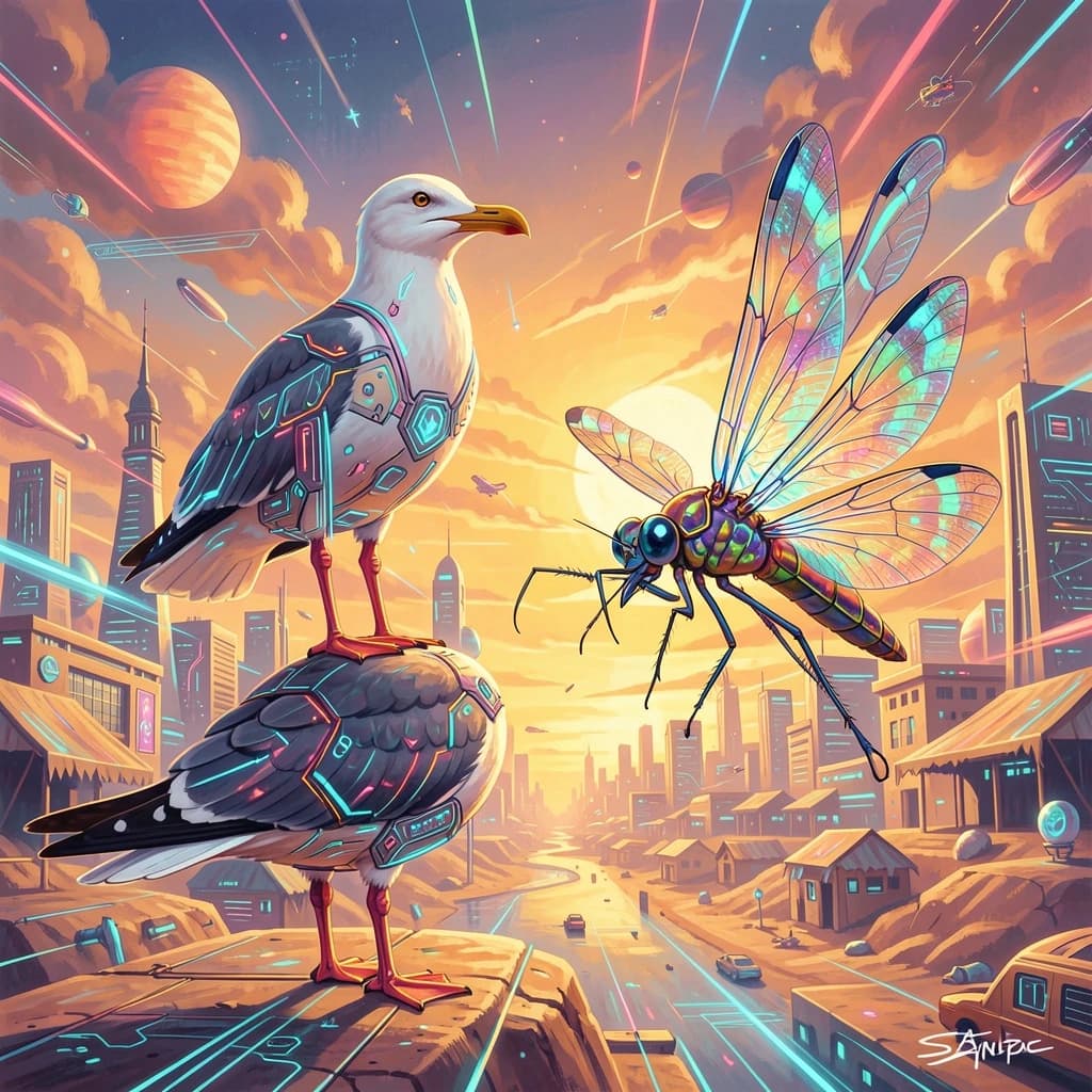 Seagull and Odonate in Khartoum, Sudan in the style of futurism