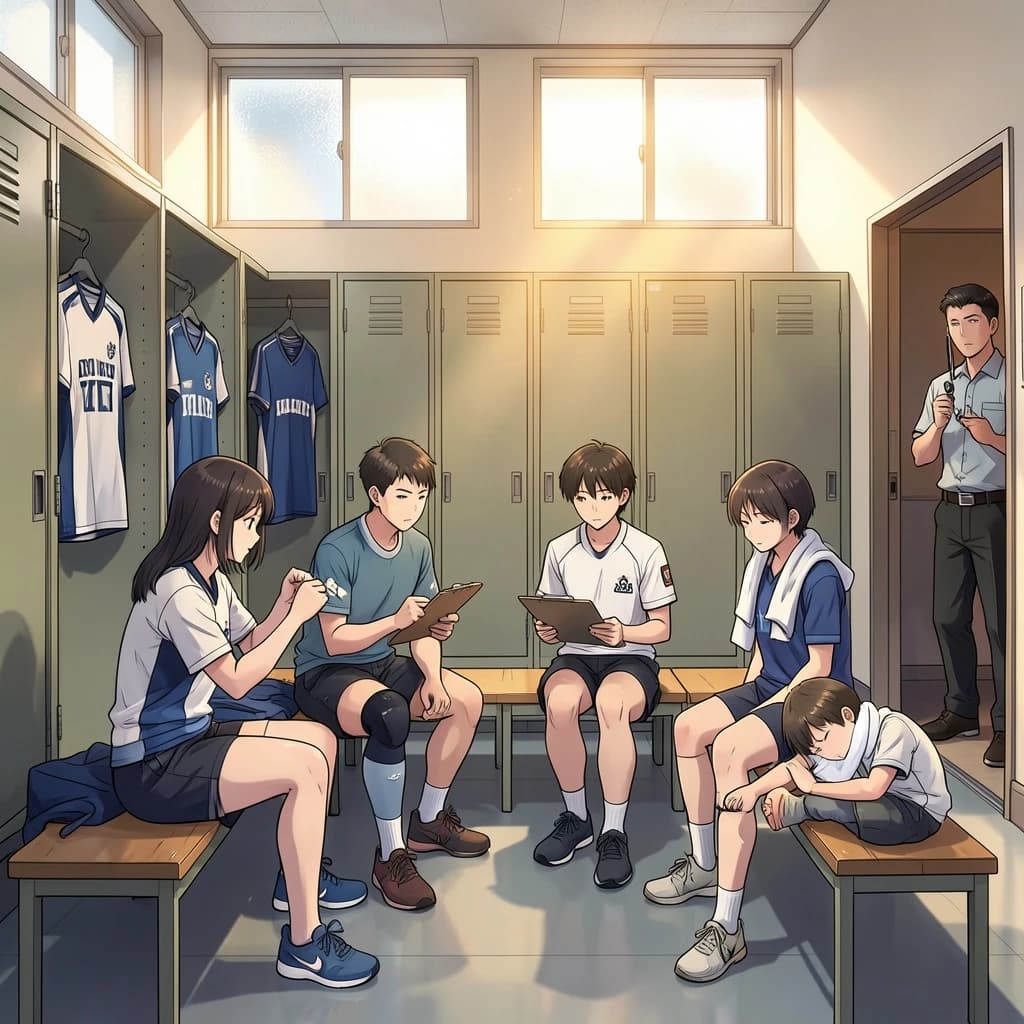 Modern anime interior for a high school volleyball series, wide view down a team locker room after practice. Eight lockers along the back wall in two banks of four, the three on the far left hanging open with jerseys spilling out and the rest shut. Four players occupy the foreground bench: the setter re-taping two fingers, the libero pulling on a knee sleeve, the captain reading a clipboard, and a first year asleep sitting upright with a towel over his face. A coach stands in the right doorway holding a whistle, half in shadow. Warm late-sun bars fall through high frosted windows, cel shading, clean bold linework.