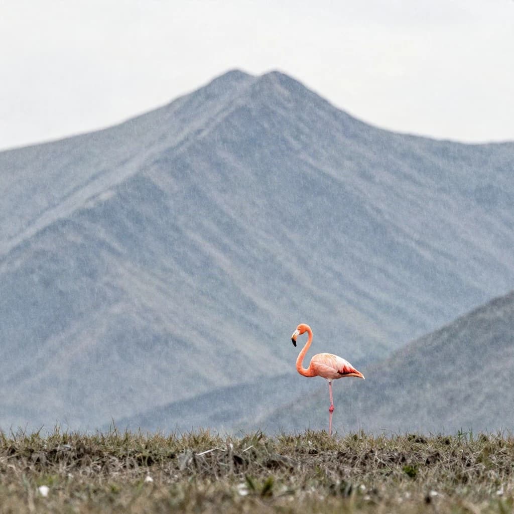 flamingo, mountain ridge, light rain, off-center framing with negative space, watercolor, soft edges