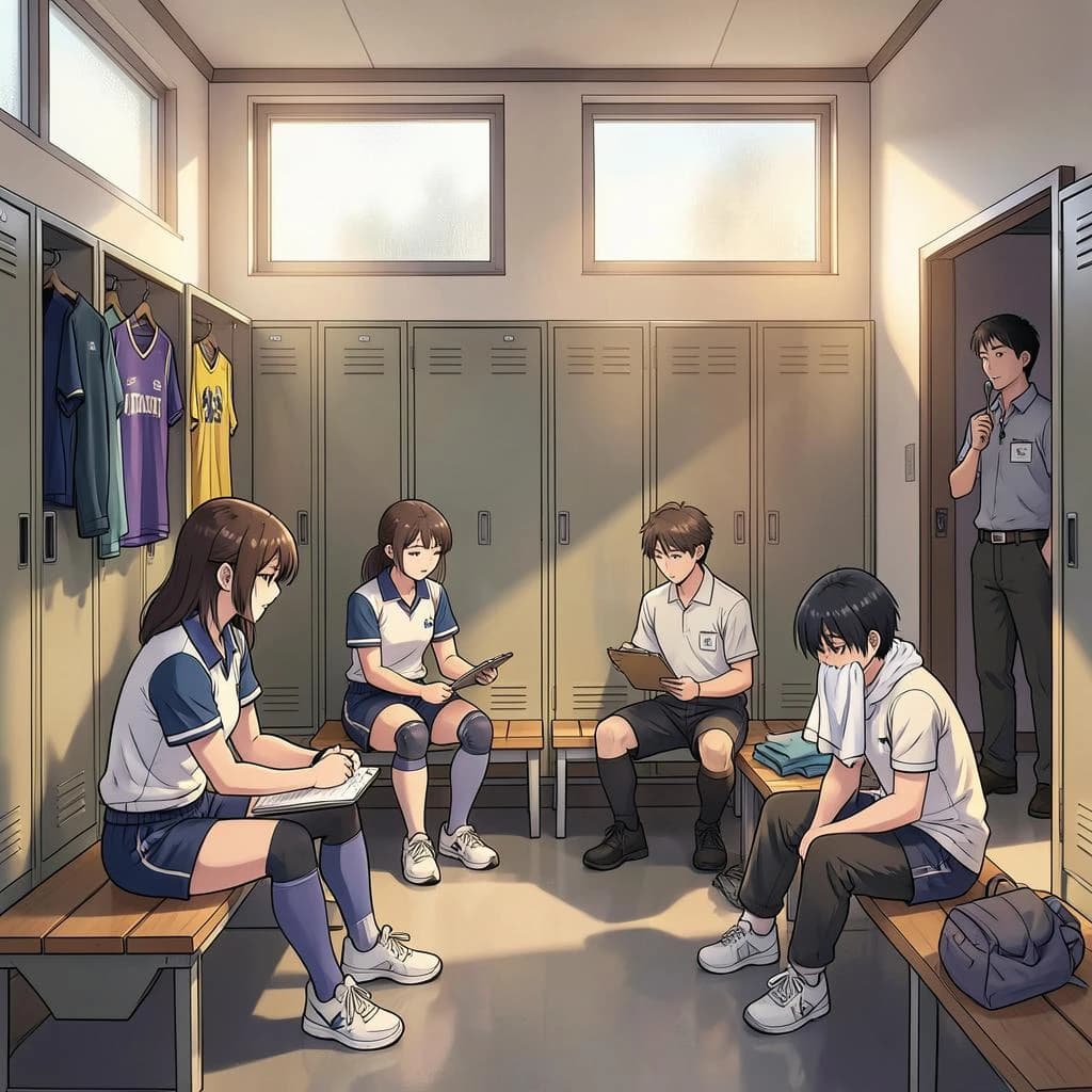 Modern anime interior for a high school volleyball series, wide view down a team locker room after practice. Eight lockers along the back wall in two banks of four, the three on the far left hanging open with jerseys spilling out and the rest shut. Four players occupy the foreground bench: the setter re-taping two fingers, the libero pulling on a knee sleeve, the captain reading a clipboard, and a first year asleep sitting upright with a towel over his face. A coach stands in the right doorway holding a whistle, half in shadow. Warm late-sun bars fall through high frosted windows, cel shading, clean bold linework.