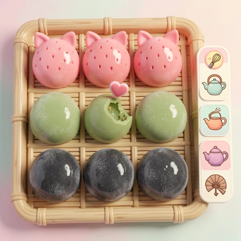 Match three board for a cozy sweets game, cute stylized 3D animation look. Nine mochi in a three by three grid on a bamboo tray: the top row strawberry pink, the middle row matcha green, the bottom row black sesame grey. The center green one has a bite taken out and a small heart icon floating above it. Two of the pink mochi wear tiny cat ears. To the right of the tray, a vertical strip of three power up icons, a whisk, a teapot and a fan. Soft pastel lighting, glossy dusted surfaces.