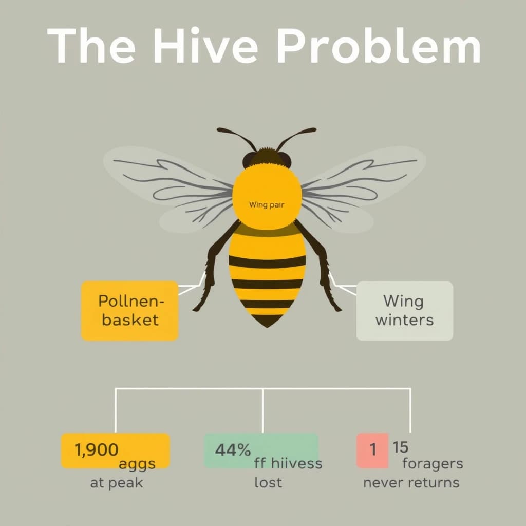 Flat vector illustration titled "The Hive Problem". A labeled bee diagram sits at the center, carrying two keyed regions, "Pollen basket" shaded amber and "Wing pair" shaded slate. Three stat chips run down a bottom row, reading "1,900 eggs a day at peak", "14% of hives lost last winter" and "1 in 15 foragers never returns". Each key color matches the shading of the region it names.