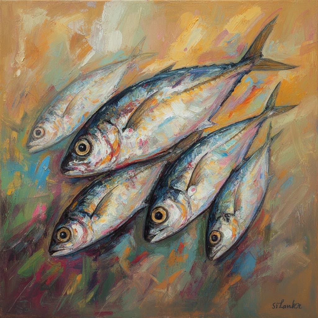Butterfish and Spear in Sri Jayawardenepura Kotte, Sri Lanka in the style of abstract
