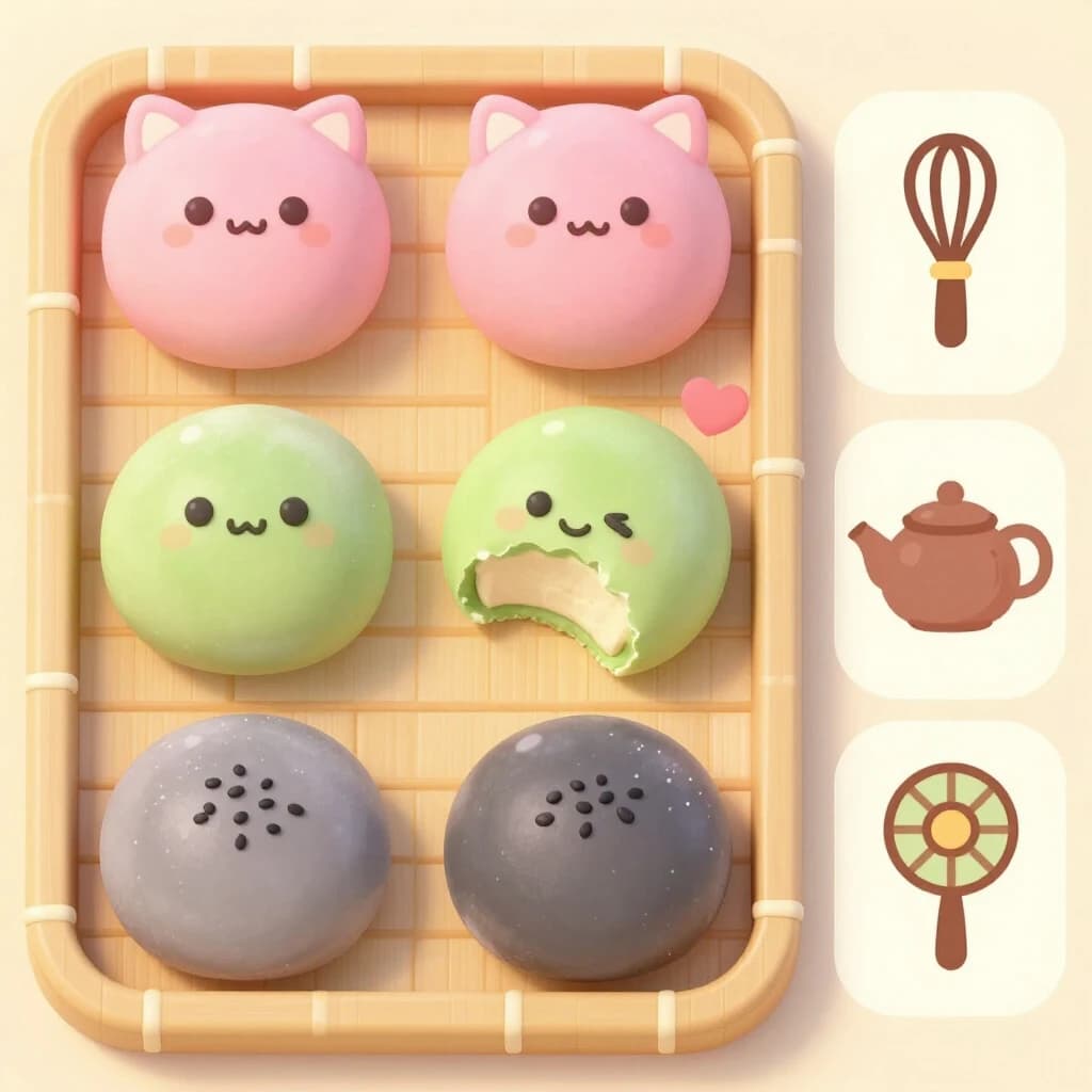 Match three board for a cozy sweets game, cute stylized 3D animation look. Nine mochi in a three by three grid on a bamboo tray: the top row strawberry pink, the middle row matcha green, the bottom row black sesame grey. The center green one has a bite taken out and a small heart icon floating above it. Two of the pink mochi wear tiny cat ears. To the right of the tray, a vertical strip of three power up icons, a whisk, a teapot and a fan. Soft pastel lighting, glossy dusted surfaces.