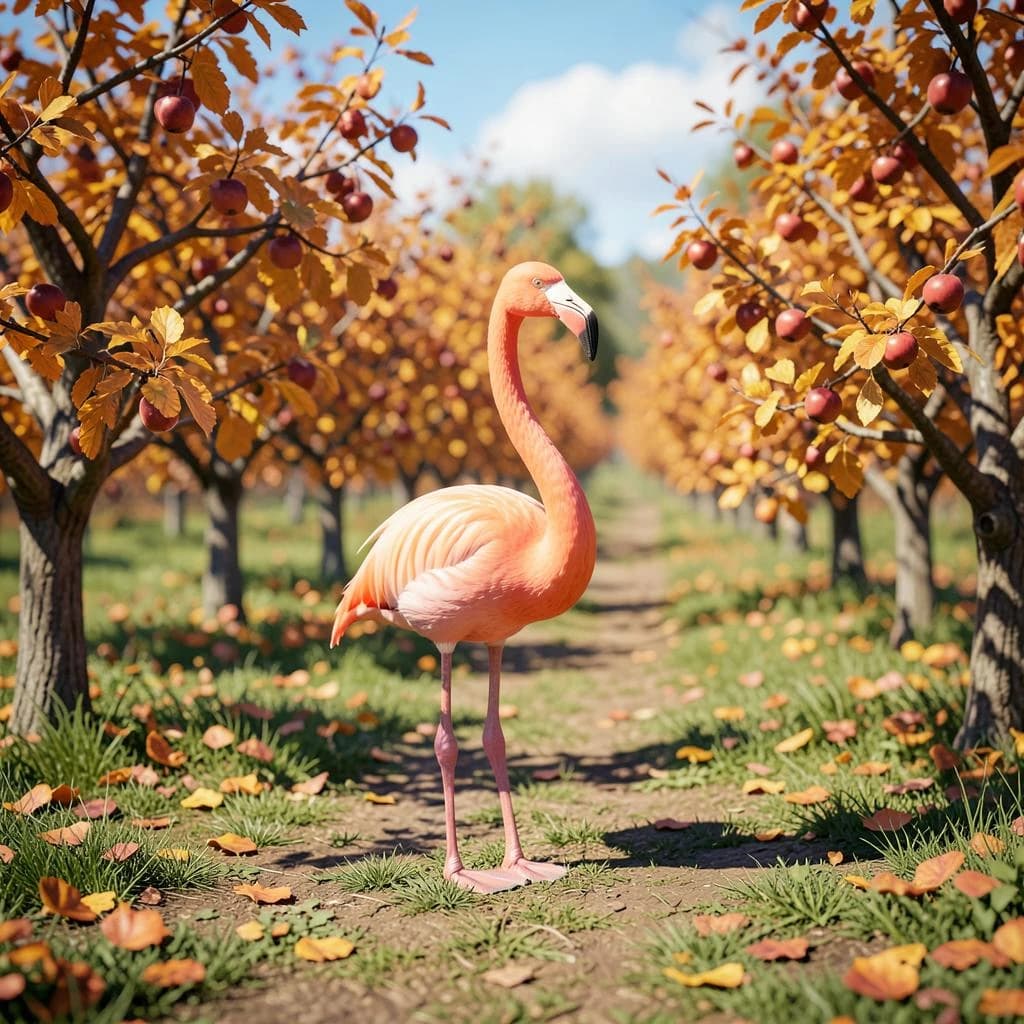 flamingo, autumn orchard, bright midday sun, telephoto compression, isometric 3D, subtle texture