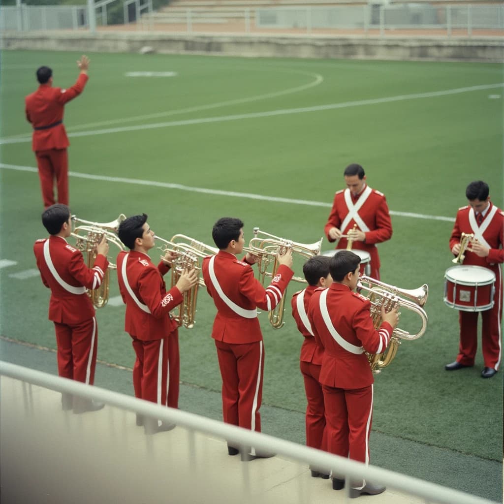 Nineteen seventies Kodachrome-era colour film look, faded warm grain and slight overexposure: a high school marching band seen from a stadium walkway. Front rank of five trumpet players in red and white uniforms, all with horns raised. Behind them three sousaphones in a triangle, the middle player caught mid turn. A line of four drummers to the right, the snare drummer nearest the camera mid stroke. A single drum major stands on a podium at the far left with his back to us, arms up. Empty green field behind them.