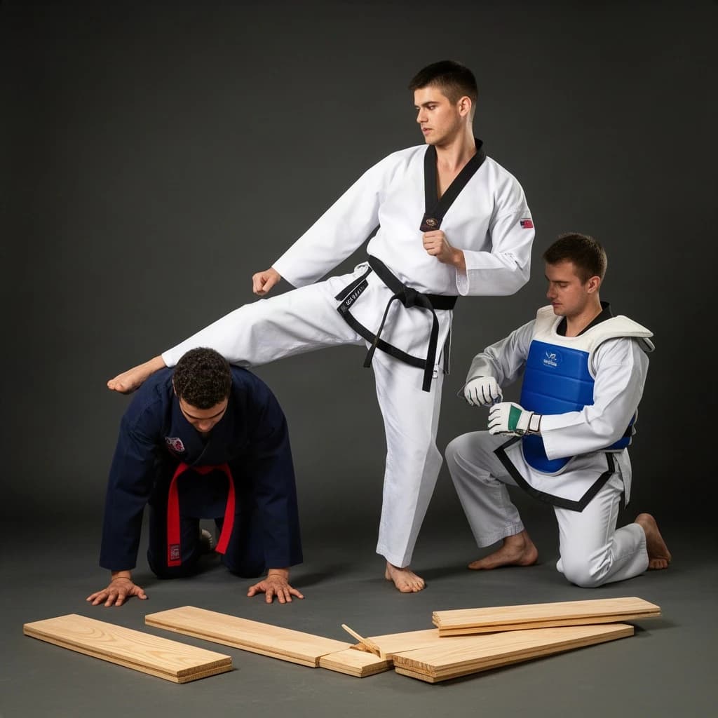 Studio photography, stunt and costume reference on a seamless charcoal backdrop, one hard key from camera left. Three taekwondo athletes in a tight diagonal: the tallest, in a white uniform with a black belt, holds a side kick frozen at chest height; the shortest, in navy with a red belt, ducks under it with both palms flat on the floor; the third kneels behind them fastening a blue chest guard onto a folded uniform. Two snapped pine boards lie at the front edge of the frame, a third board still whole in a holder's gloved hands.