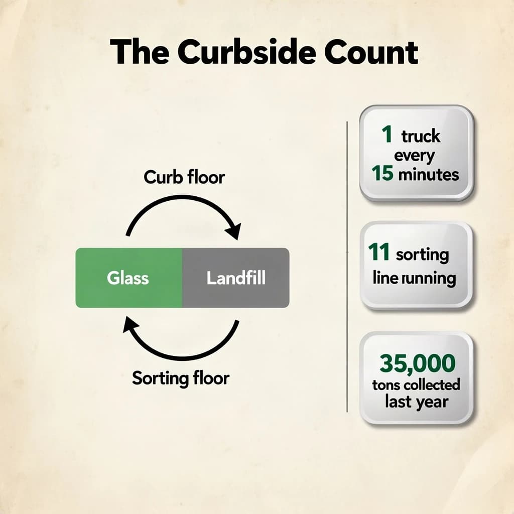 Printed poster titled "The Curbside Count": at the center a flow chart from curb to sorting floor, carrying two keyed regions, "Glass" shaded green and "Landfill" shaded gray, beside a right column of three stat chips reading "1 truck every 15 minutes", "11 sorting lines running" and "35,000 tons collected last year".