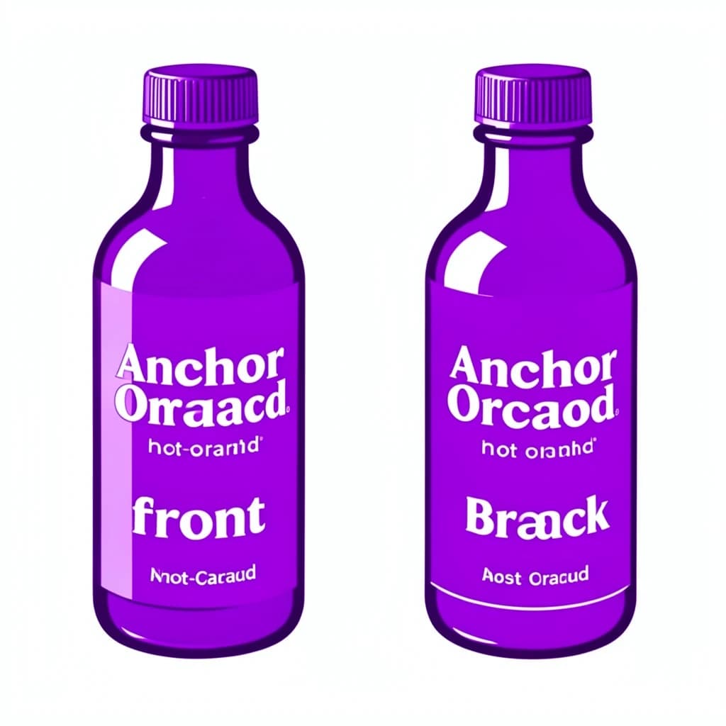 Printed poster: one hot-sauce bottle in two views. The views are captioned "front" and "back" in that order. The wordmark "Anchor Orchard" appears on every view. The purple-and-white coloring is the same across every view, and only the angle changes.