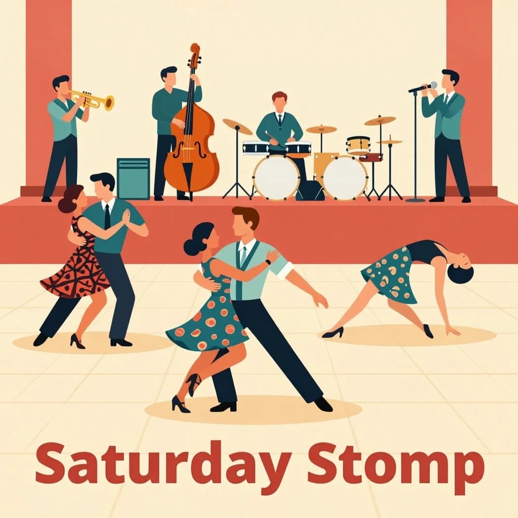 Flat design poster for a swing dance night. Four couples on a wooden floor, each caught in a different move: the front couple in a lift with the follower's feet off the ground, behind them a couple in a side by side kick, a third couple joined by one hand mid spin, and a fourth couple frozen in a dip near the back wall. All followers wear patterned dresses, all leaders wear braces and rolled sleeves. On a low stage behind them, a five piece band: two trumpets, a double bass, a drummer and a singer at a chrome microphone. Bold flat shapes, cream, teal and tomato red. "Saturday Stomp" in chunky letters along the bottom.