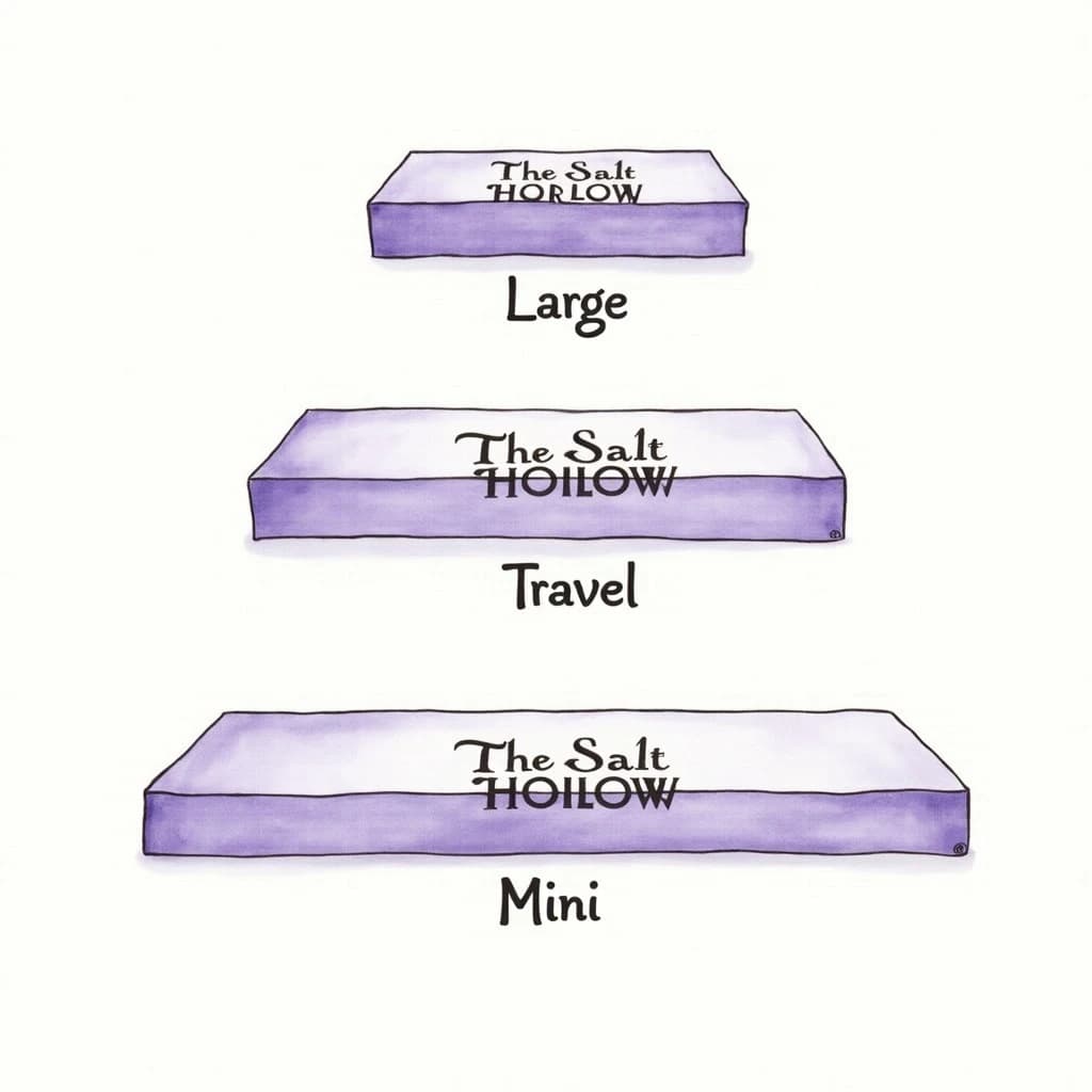 Watercolor of the same board-game box drawn in three editions, captioned "Large", "Travel" and "Mini", every edition carrying the wordmark "The Salt Hollow" in the same purple-and-white coloring, only the box size changing.