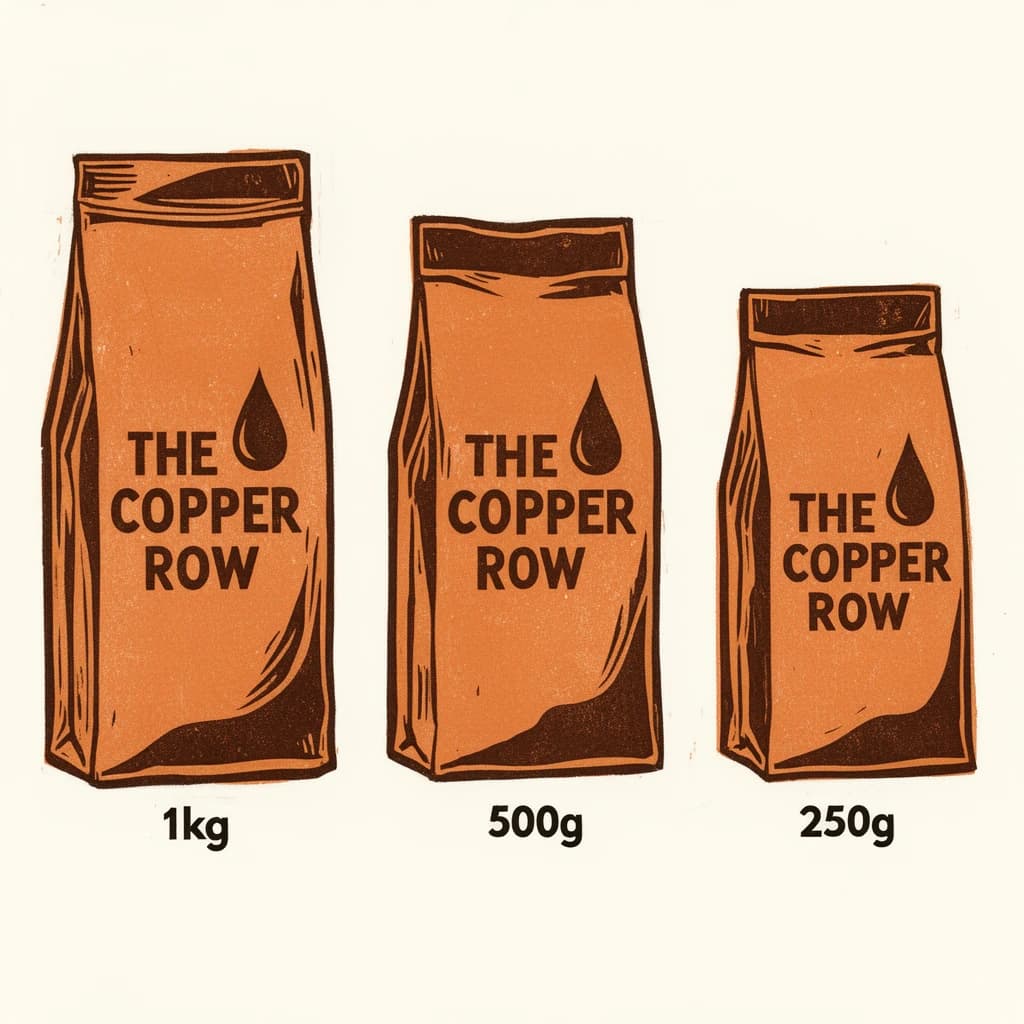 Linocut print: one coffee bag in three sizes. The sizes are captioned "1kg", "500g" and "250g" in that order. The wordmark "The Copper Row" appears on every size with a single droplet symbol beside it. The orange-and-brown coloring is the same across every size, and only the bag size changes.