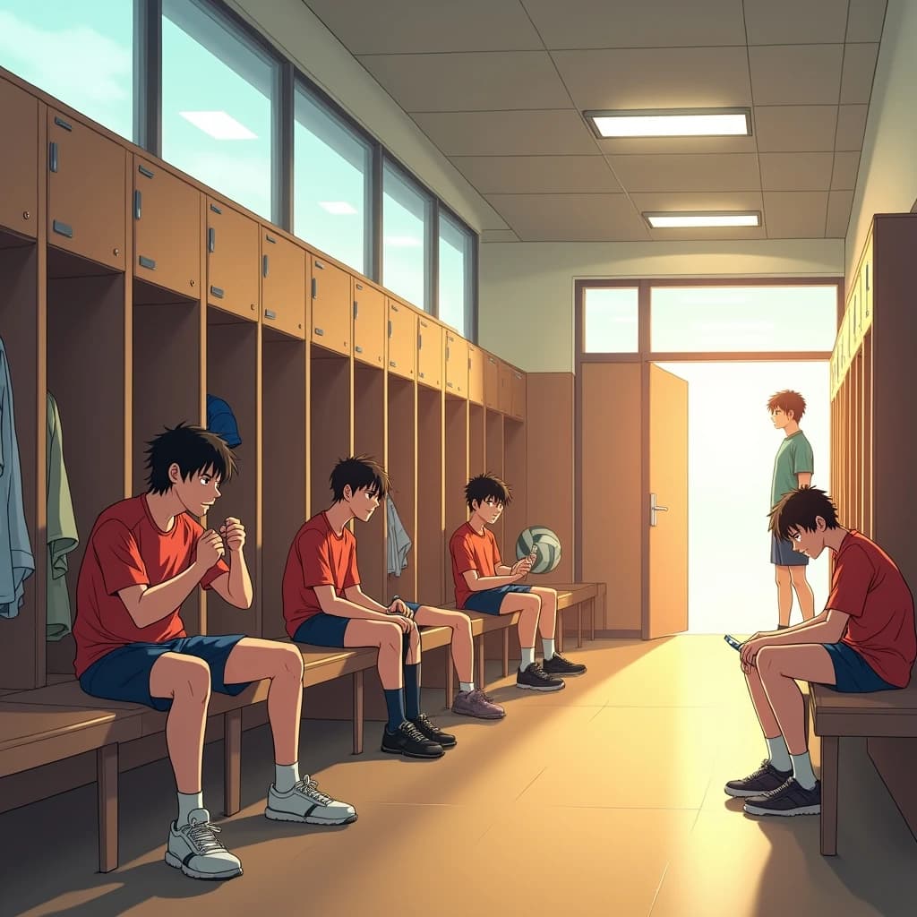 Modern anime interior for a high school volleyball series, wide view down a team locker room after practice. Eight lockers along the back wall in two banks of four, the three on the far left hanging open with jerseys spilling out and the rest shut. Four players occupy the foreground bench: the setter re-taping two fingers, the libero pulling on a knee sleeve, the captain reading a clipboard, and a first year asleep sitting upright with a towel over his face. A coach stands in the right doorway holding a whistle, half in shadow. Warm late-sun bars fall through high frosted windows, cel shading, clean bold linework.