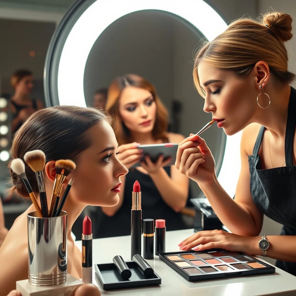 Fashion photograph at a backstage vanity lit by a ring light. A makeup artist in a black apron leans in from the right and blends cream blush into a seated model's cheekbone with her fingers, while a second artist standing behind them holds a lash tray in one hand and tweezers in the other, mid pick. On the counter between them: six brushes standing bristle up in a metal cup, three lipstick bullets lying in a row with their caps off beside them, and one open palette showing two used shades and four untouched. Warm skin tones, glossy highlights, shallow depth of field.