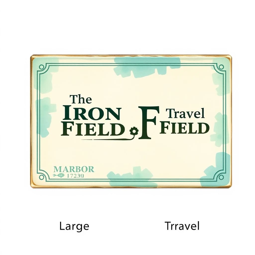 Watercolor: one board-game box in two editions. The editions are captioned "Large" and "Travel" in that order. The wordmark "The Iron Field" appears on every edition with a six-tooth gear mark beside it. The teal-and-cream coloring is the same across every edition, and only the box size changes.