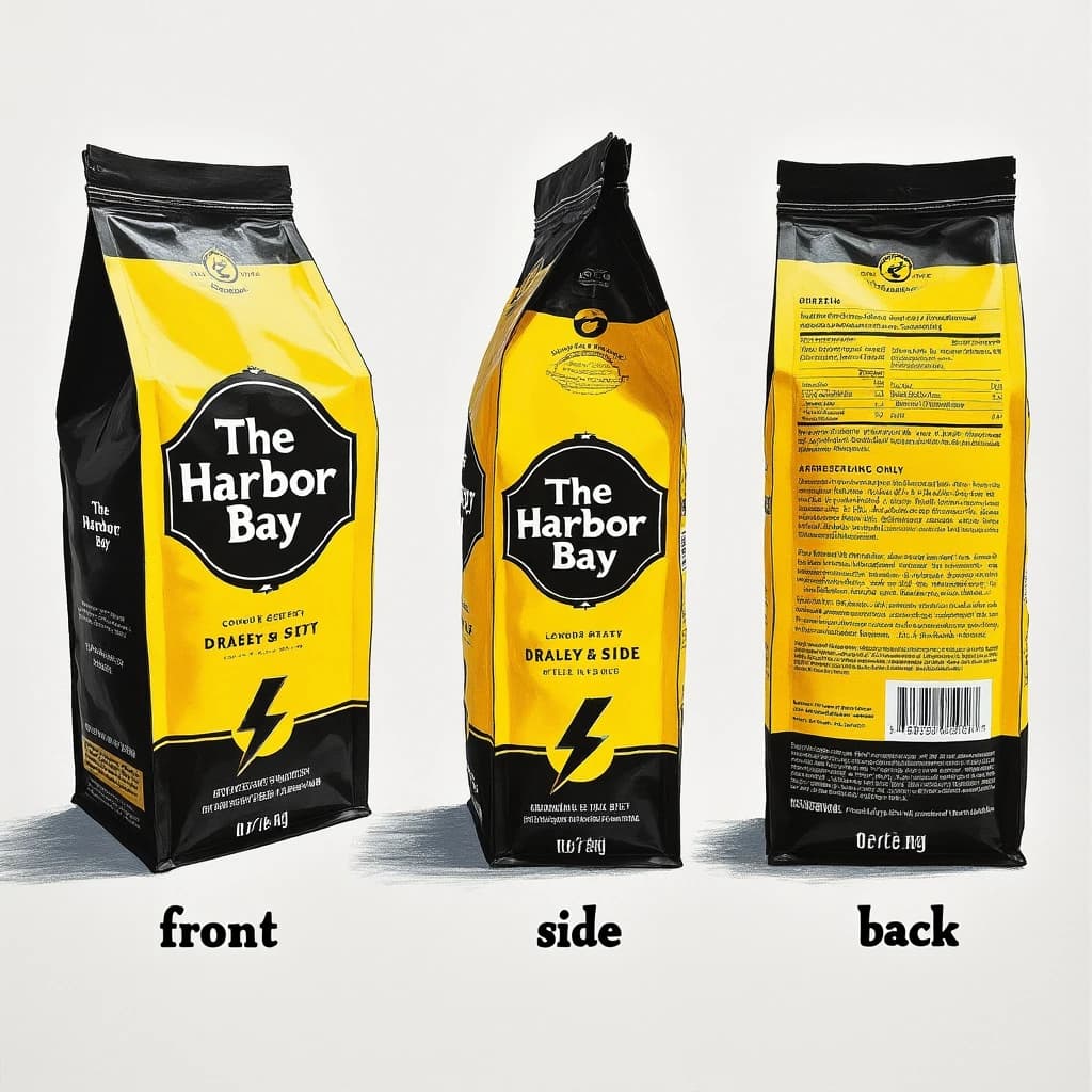 Gouache painting of the same coffee bag drawn in three views, captioned "front", "side" and "back", every view carrying the wordmark "The Harbor Bay" with a lightning-bolt symbol beside it in the same black-and-yellow coloring, only the angle changing.