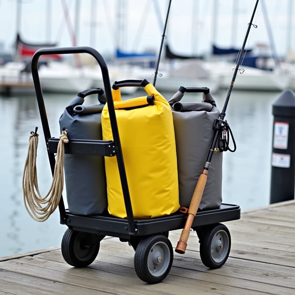 Lifestyle listing photo on a marina dock: a folding dock cart holding three dry bags, the largest yellow and the two smaller ones grey, two fishing rods leaning against the handle, and one coiled dock line hanging from the front rail. Masts blurred behind.