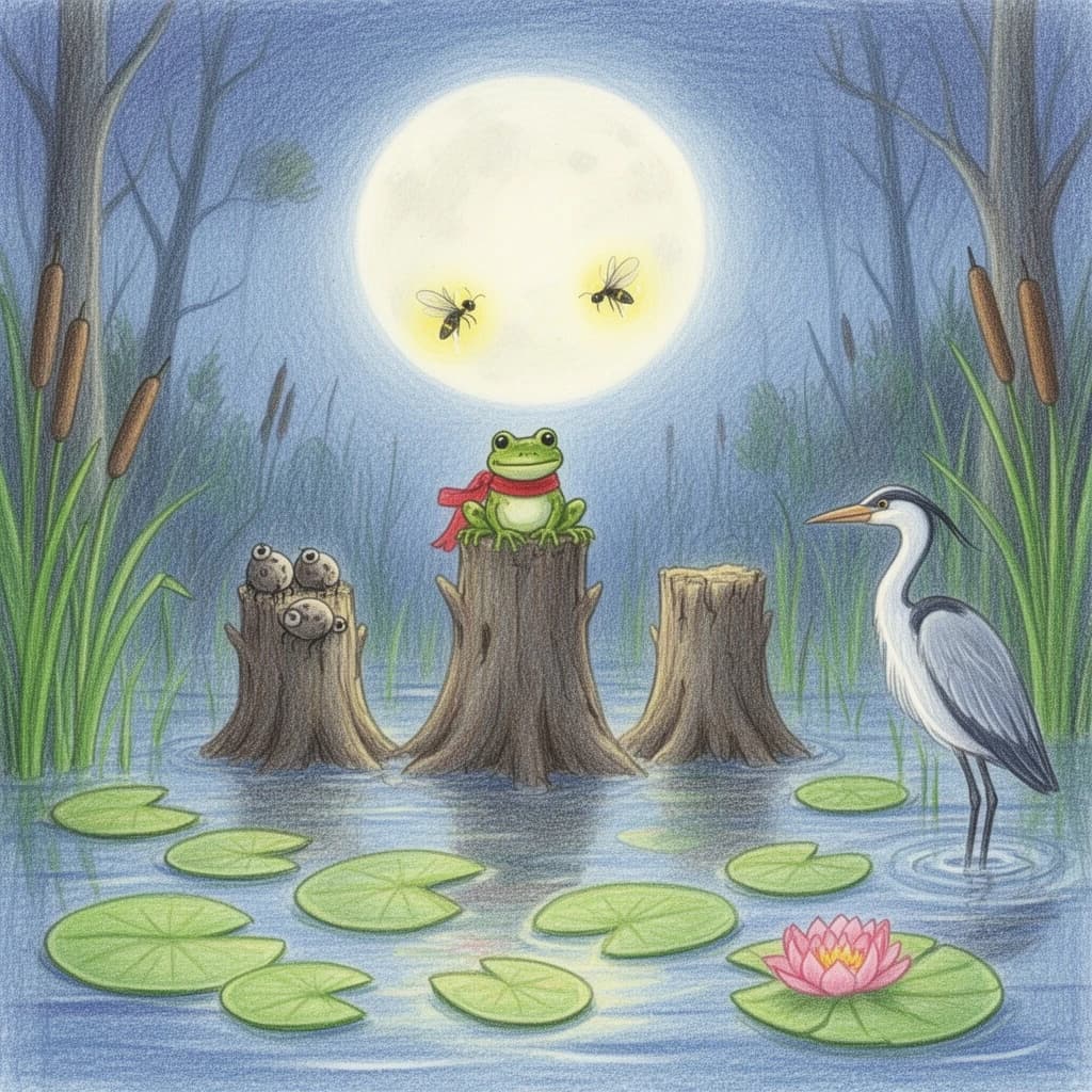 Story card in soft children's book illustration with crayon texture. A moonlit swamp with three cypress stumps in a row across the water. A small green frog in a red scarf sits on the middle stump. Two fireflies circle above his head while four more sit sleeping on the reeds to the left. A heron stands knee deep at the right edge, looking away from the frog. Nine lily pads float across the foreground, only one of them carrying a flower.