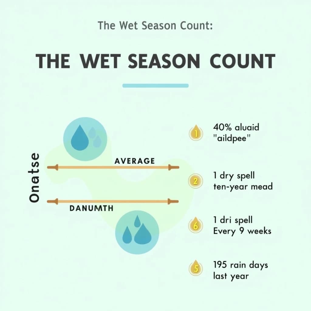 Flat vector illustration titled "The Wet Season Count": at the center a twelve-month rainfall timeline, carrying two keyed regions, "Average" shaded pale green and "Wettest" shaded dark blue, beside a right column of three stat chips reading "40% above the ten-year mean", "1 dry spell every 9 weeks" and "195 rain days last year".