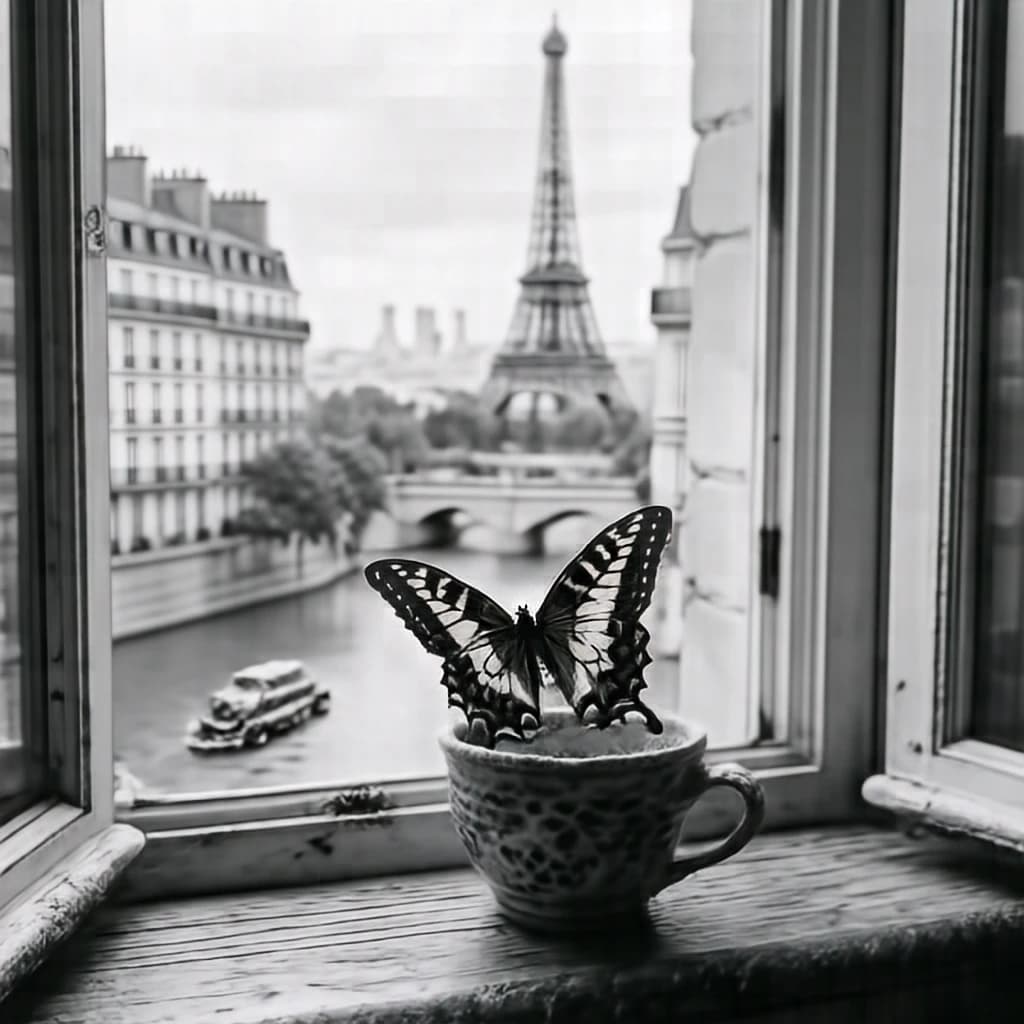 Nestling and Butterfly in Paris, France in the style of black and white