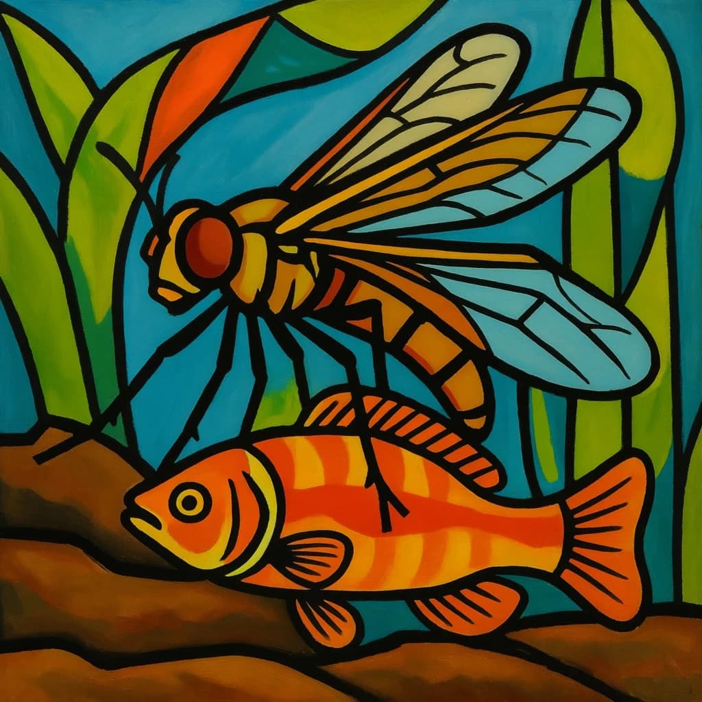 Dobson Fly and Topminnow in Kinshasa, DR Congo in the style of cubist