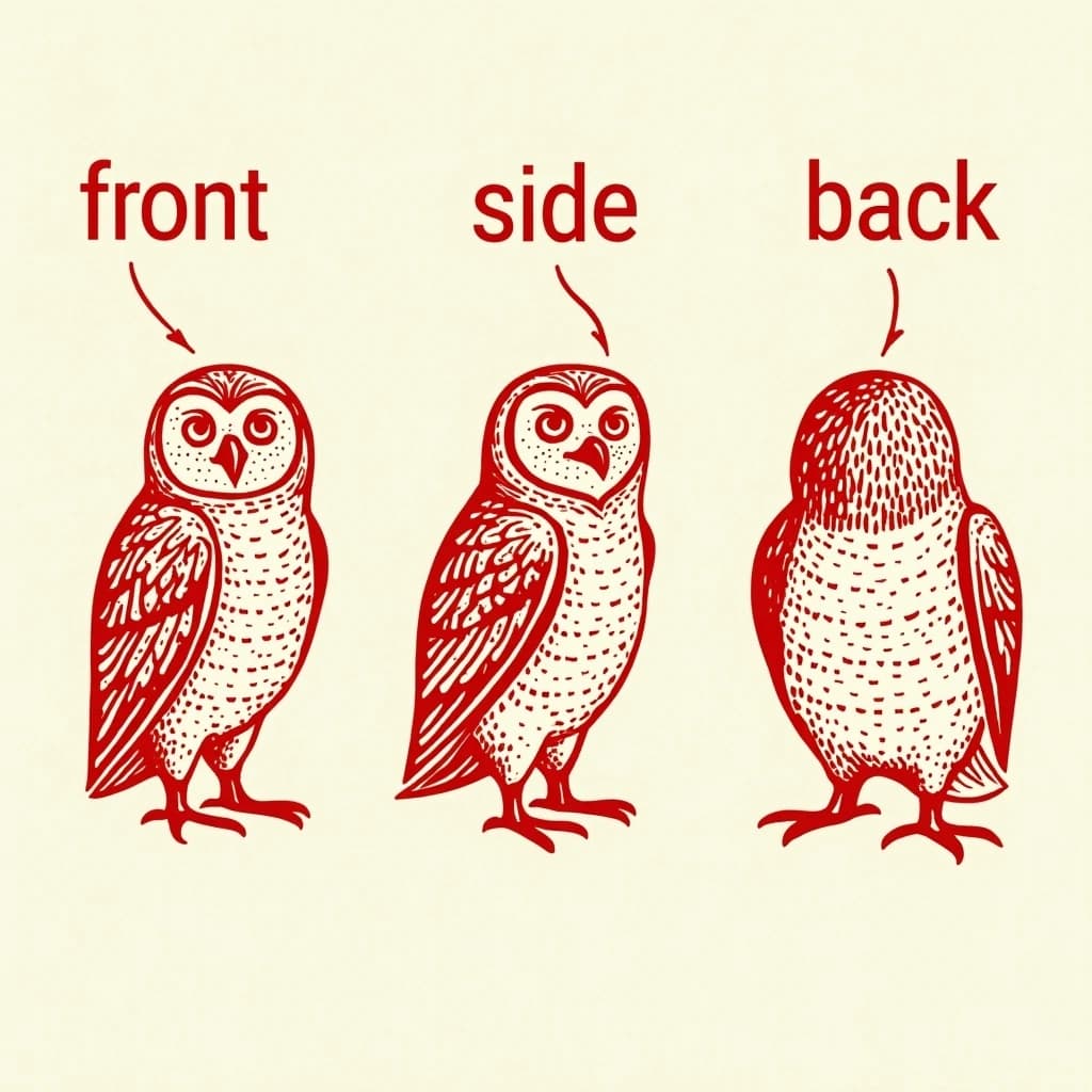 Linocut print: one bookstore owl mascot in three views. The views are captioned "front", "side" and "back" in that order. The wordmark "Hollow Crest" appears on every view with a small anchor mark beside it. The red-and-cream coloring is the same across every view, and only the angle changes.