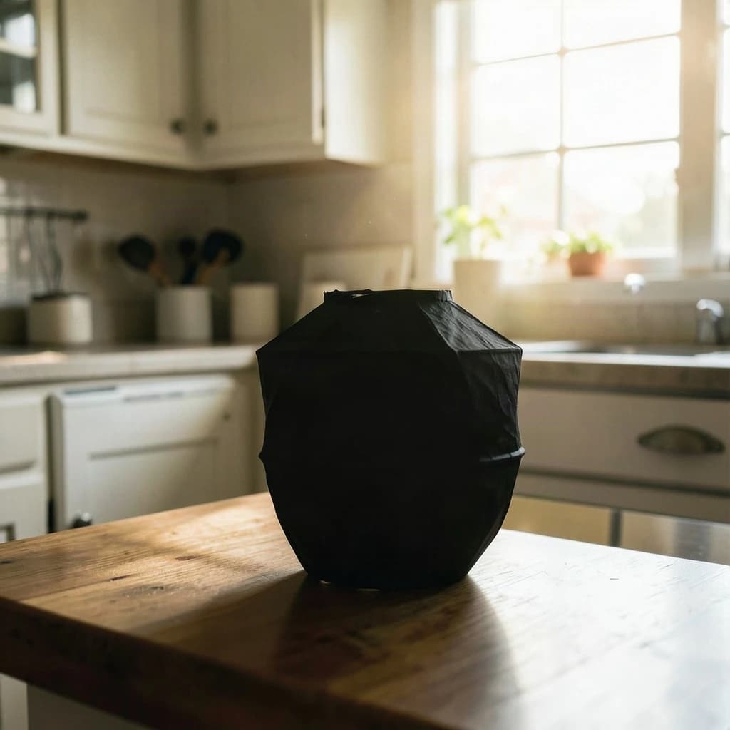The still point when a paper lantern reads as a single dark silhouette, in a sunlit kitchen, under soft morning light.