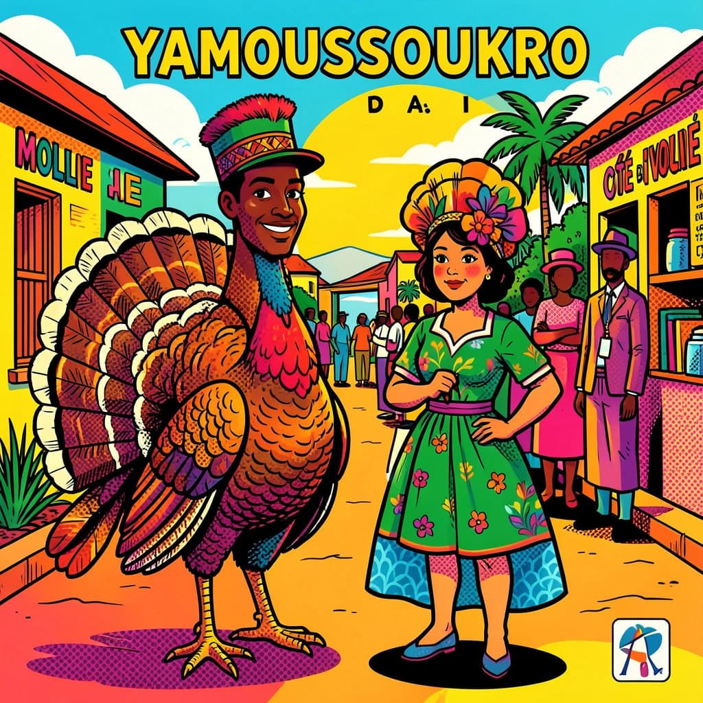 Turkey and Mollie in Yamoussoukro, Côte d'Ivoire in the style of pop art