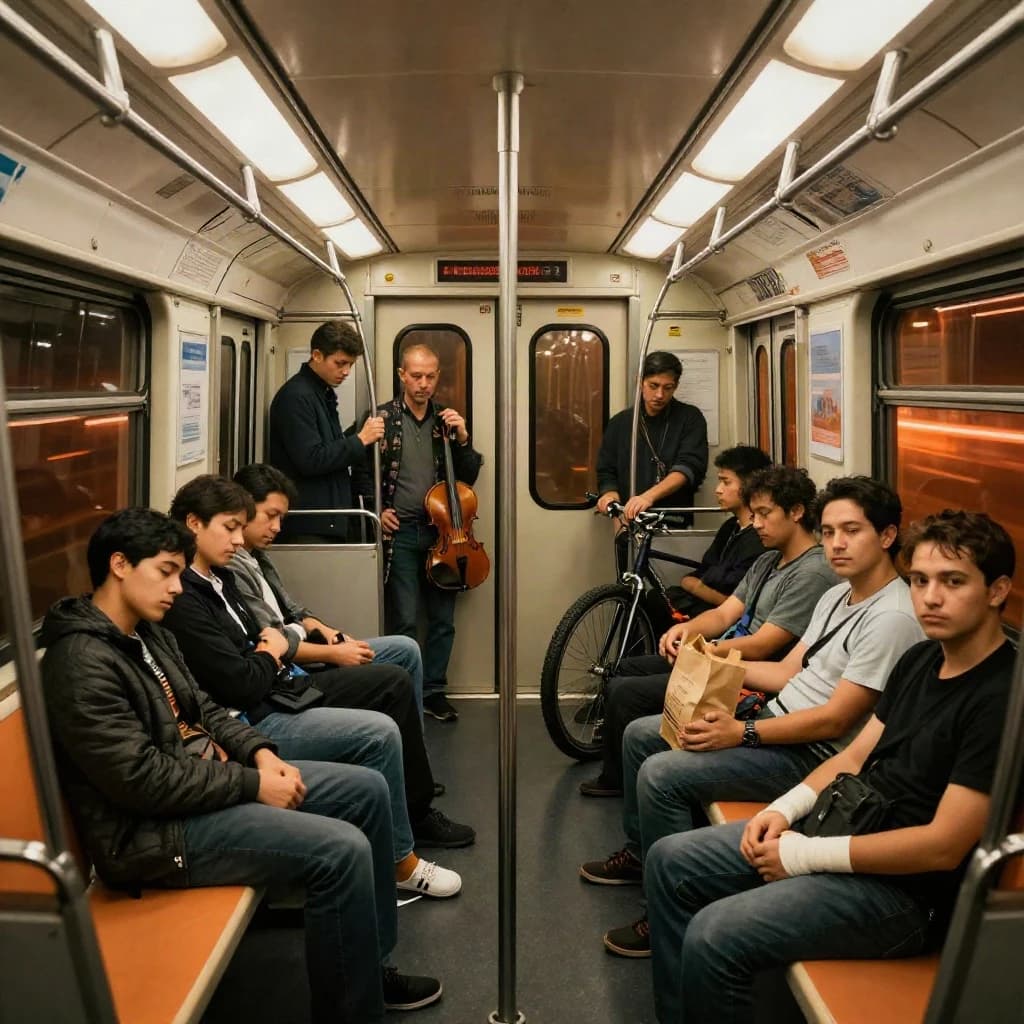 Cinematic photograph inside a late night subway car, handheld, lit only by flickering ceiling strips and orange platform light sliding past the windows. Nine passengers down the car: the three on the left bench all sleep with heads tipped at different angles, the four on the right bench are awake, one folding a paper bag, one holding a bike wheel upright between his knees, one wrapping her own wrist in tape, one staring straight into the lens. Two more stand at the far doors gripping the same pole with a violin case wedged between them. An empty seat beside the nearest sleeper, a coffee cup rolling under it.