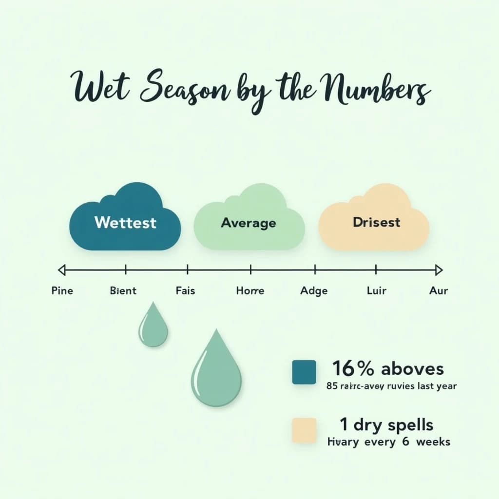 Flat vector illustration titled "Wet Season by the Numbers". A twelve-month rainfall timeline sits at the center, carrying three keyed regions, "Wettest" shaded dark blue, "Average" shaded pale green and "Driest" shaded sand. Three stat chips run down a right column, reading "16% above the ten-year mean", "85 rain days last year" and "1 dry spell every 6 weeks". Each key color matches the shading of the region it names.