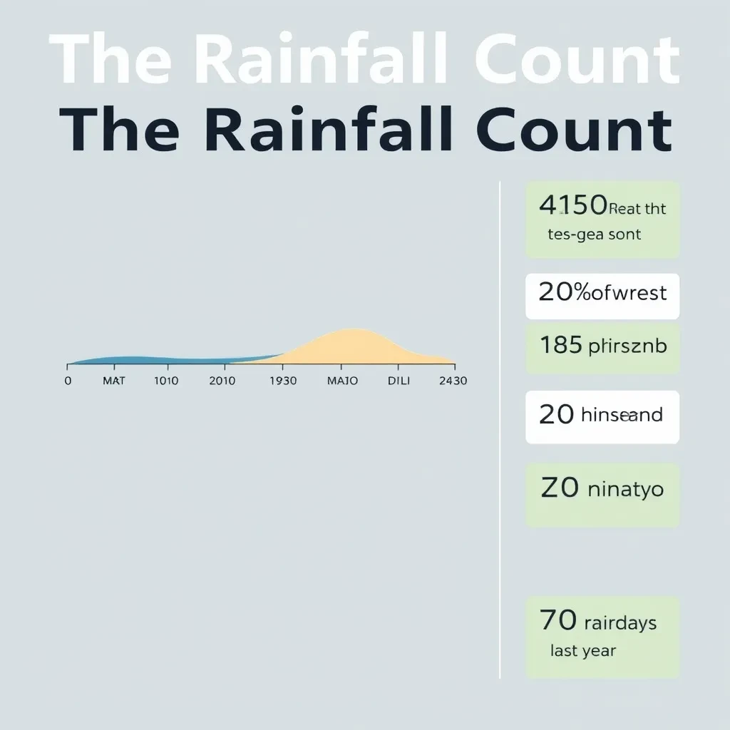 Printed poster titled "The Rainfall Count": at the center a twelve-month rainfall timeline, carrying three keyed regions, "Wettest" shaded dark blue, "Driest" shaded sand and "Average" shaded pale green, beside a right column of three stat chips reading "450mm in the wettest month", "20% above the ten-year mean" and "70 rain days last year".