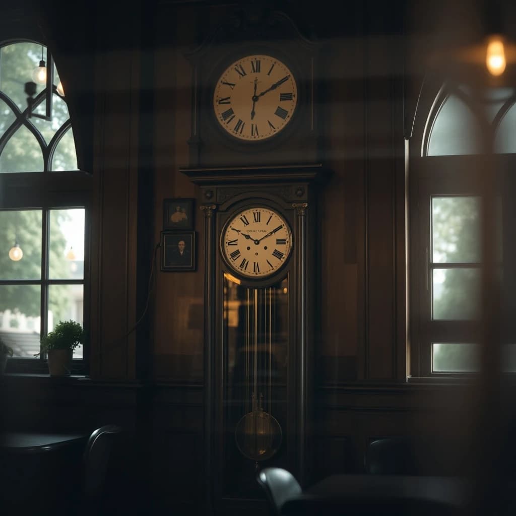 135mm f/1.8 close-up framing of a grandfather clock inside a cozy cafe, lit by bounced light, gentle vignetting, large-format look