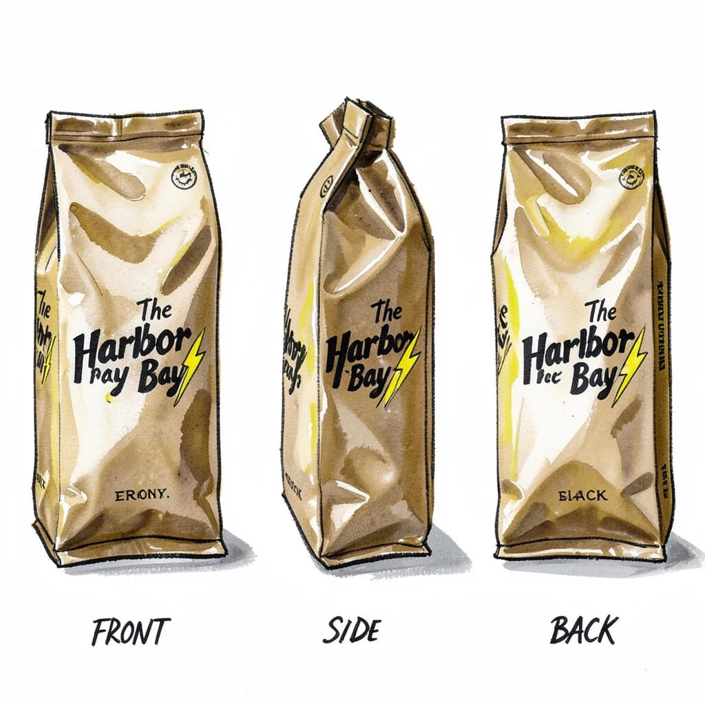 Gouache painting of the same coffee bag drawn in three views, captioned "front", "side" and "back", every view carrying the wordmark "The Harbor Bay" with a lightning-bolt symbol beside it in the same black-and-yellow coloring, only the angle changing.