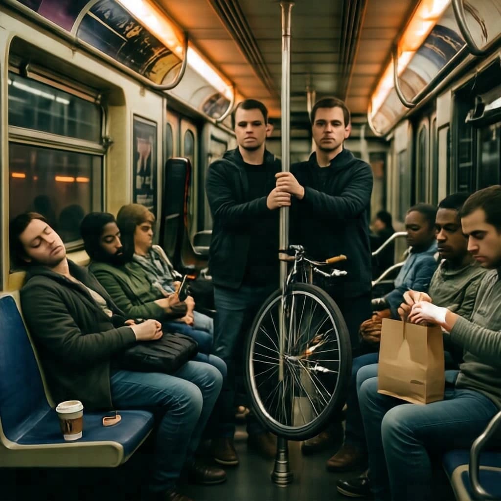 Cinematic photograph inside a late night subway car, handheld, lit only by flickering ceiling strips and orange platform light sliding past the windows. Nine passengers down the car: the three on the left bench all sleep with heads tipped at different angles, the four on the right bench are awake, one folding a paper bag, one holding a bike wheel upright between his knees, one wrapping her own wrist in tape, one staring straight into the lens. Two more stand at the far doors gripping the same pole with a violin case wedged between them. An empty seat beside the nearest sleeper, a coffee cup rolling under it.